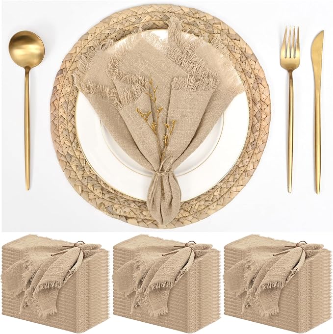 60 Pack Caramel Napkins Cotton Linen Napkin 16 x 16 Inch Caramel Napkins Cloth Handmade with Fringe Soft Washable Rustic Dinner Napkin Cloths for Wedding Party Dinner Table by ABKLESACH