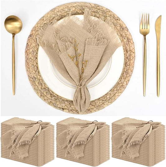 60 Pack Caramel Napkins Cotton Linen Napkin 16 x 16 Inch Caramel Napkins Cloth Handmade with Fringe Soft Washable Rustic Dinner Napkin Cloths for Wedding Party Dinner Table by ABKLESACH