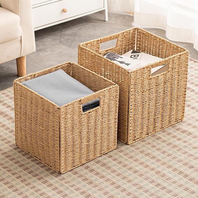 Foldable Storage Baskets with Handles Paper Rope Storage Baskets Rectangle Collapsible Hand Woven Storage Cubes Bins for Organizing Shelves Living Room Bedroom Pantry (4, 13'' x 13'' x 13'') - Image 8