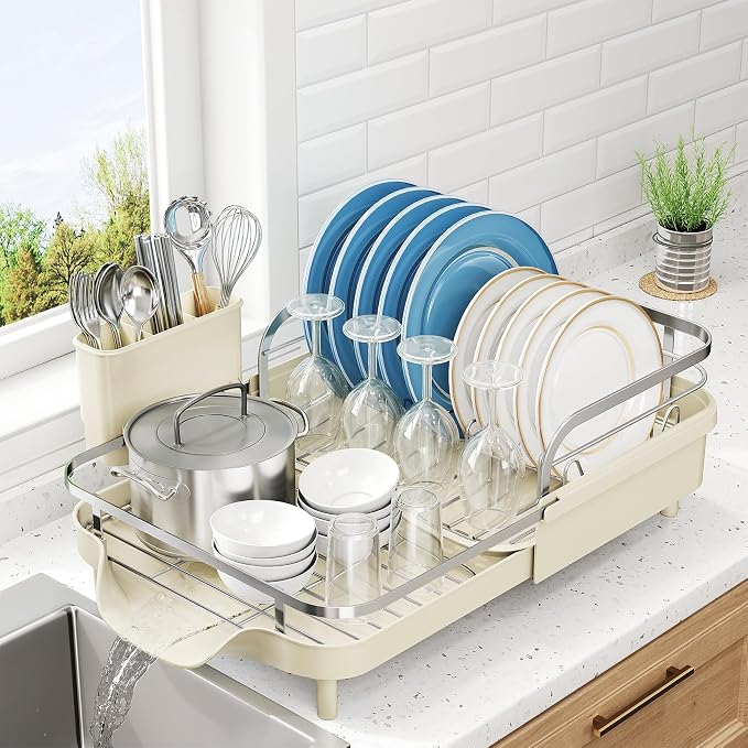 SNTD Expandable Dish Drying Rack for Kitchen Counter, 15.2-22.1 in, Beige | Rust-Resistant Stainless Steel, Protective Side Rails, Self-Draining Drainboard, Removable Utensil Holder by SNTD