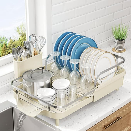 SNTD Expandable Dish Drying Rack for Kitchen Counter, 15.2-22.1 in, Beige | Rust-Resistant Stainless Steel, Protective Side Rails, Self-Draining Drainboard, Removable Utensil Holder by SNTD