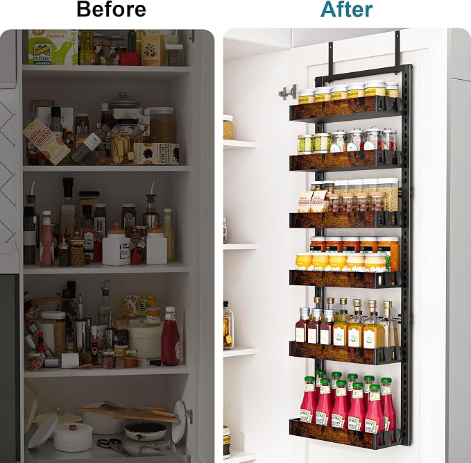 BUKFEN 6-Tier Over the Door Pantry Organizer, Adjustable Basket Spice Rack | 2-IN-1 Door & Wall Mounted, Heavy Duty Metal Storage Shelf,12 Hooks, Back of Door Organizer for Kitchen, Bathroom, Closet - Image 3