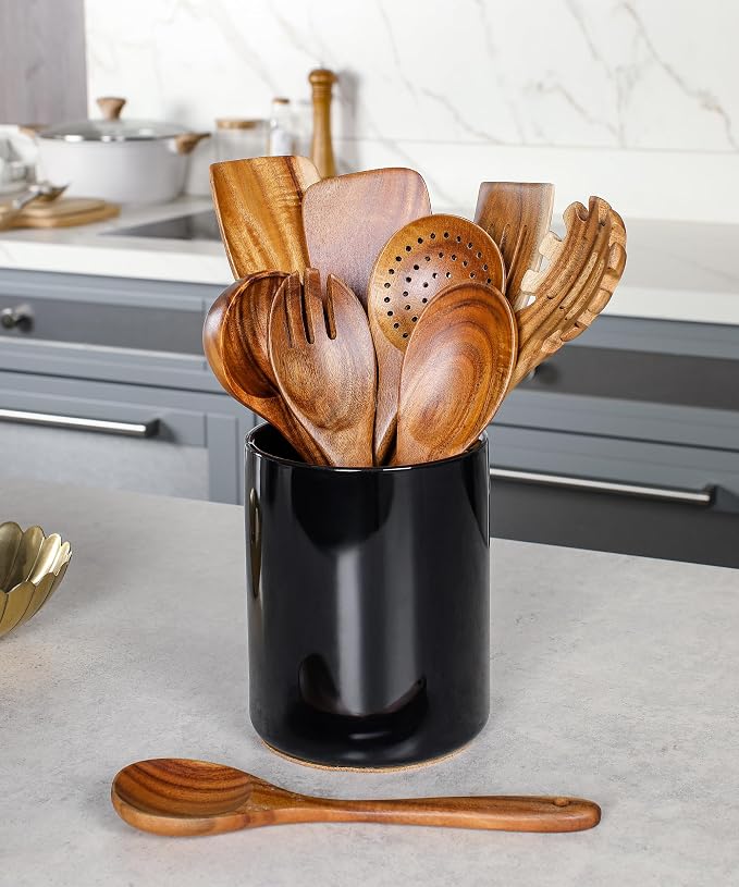 Wooden Cooking Utensils Set with Ceramic Holder,10pcs Teak Wood Utensils | Holder for Countertop with Protection Cork Bottom, Nonstick Spoons, Cooking Spatula Set, Kitchen Decor, (Black) - Image 9