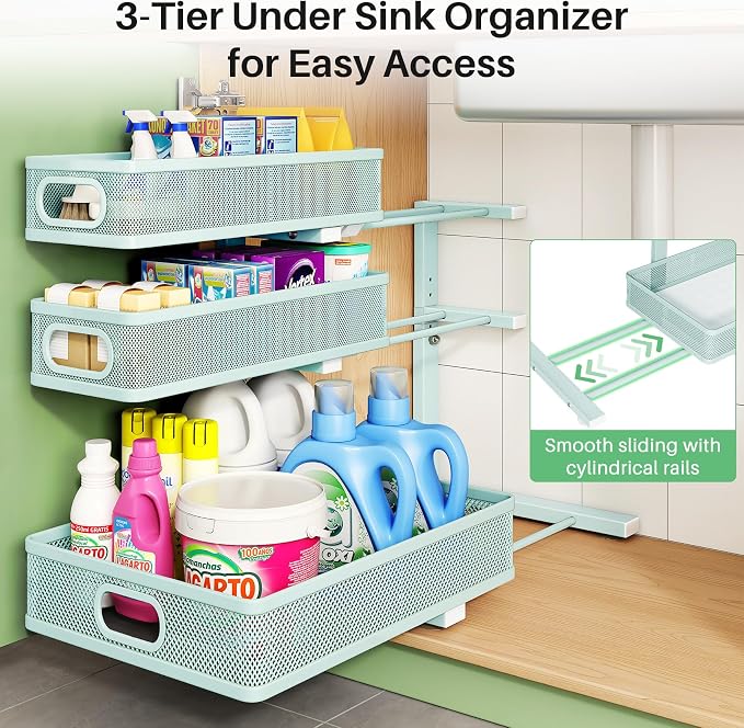 Under Sink Organizer, 2-Pack 3-Tier Height Adjustable Thickened Metal Pull out Cabinet Organizer Shelf, Slide out Storage Drawer Rack for Bathroom Kitchen Pantry Home Organization, LightBlue - Image 5