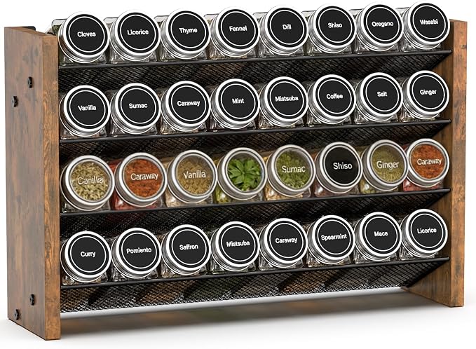 NESAPTO Spice Rack Organizer for Cabinet, Wood 4-Tier Vertical Seasoning Organizer, Wall Mount or Countertop Spice Shelf, Holds 32 Jars (No Jars Included), 15.7" W x 10.3" H by NESAPTO