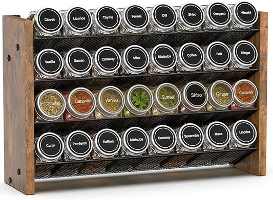 NESAPTO Spice Rack Organizer for Cabinet, Wood 4-Tier Vertical Seasoning Organizer, Wall Mount or Countertop Spice Shelf, Holds 32 Jars (No Jars Included), 15.7" W x 10.3" H by NESAPTO