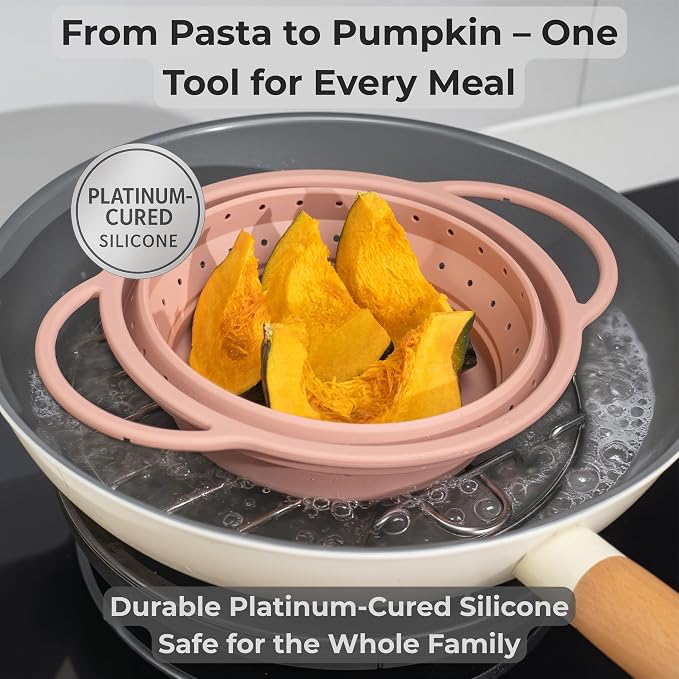 SelectShen™ Collapsible Silicone Colander Set, Stainless Steel Rim (3 Pk) | Heat-resistant, dishwasher-safe platinum silicone strainers. Sturdy stainless steel rim. BPA-free, space-saving, set of 3 - Image 6