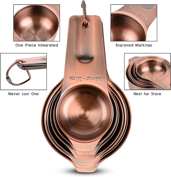 Copper Measuring Cups and Spoons Set 17, Stainless Steel 7 Measuring Cup and 9 Spoons for Dry & Liquid, Metric & US Metal Measuring Cups and Spoons Set &Leveler for Baking & Kitchen - Image 4