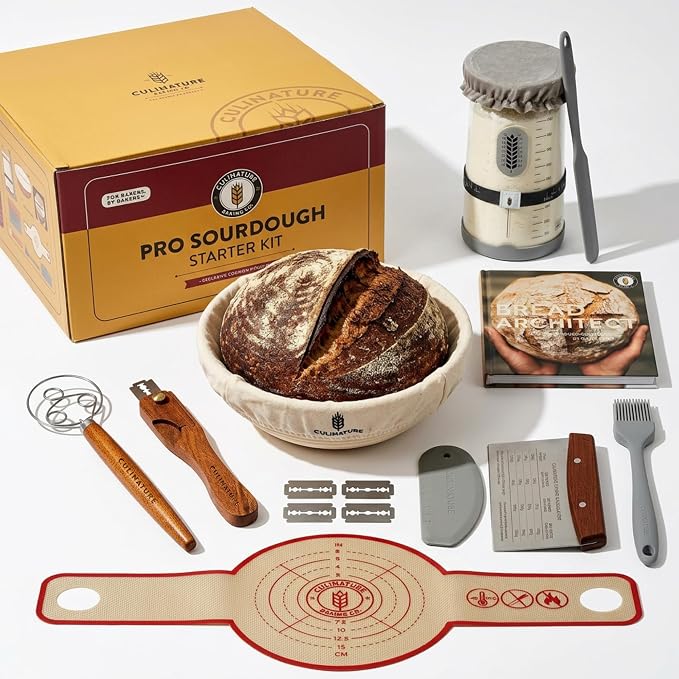 Complete Sourdough Starter Kit 39oz Borosilicate Jar & 10" Rattan Banneton | Silicone Mat, Sapele Mahogany Tools Won't Warp, Troubleshooting Book, Beginner-Friendly Baking Supplies, Gift for Bakers by Unknown