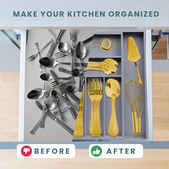 Sben Expandable Drawer Organizer for Utensils Holder, Adjustable Cutlery Tray, 6-8 Slots, Premium Wood Drawer Dividers Organizer for Silverware, Flatware, Knives for Kitchen (Gray) - Image 5