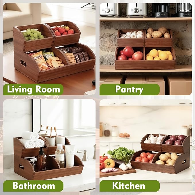Stackable Bamboo Produce Storage Bin with Ventilation & Handles | 3 Pack, Walnut Wood Finish, Holds Root Crops, Fruits & Bread, Great For Pantry, Home And Hotel Kitchen Storage - Image 4