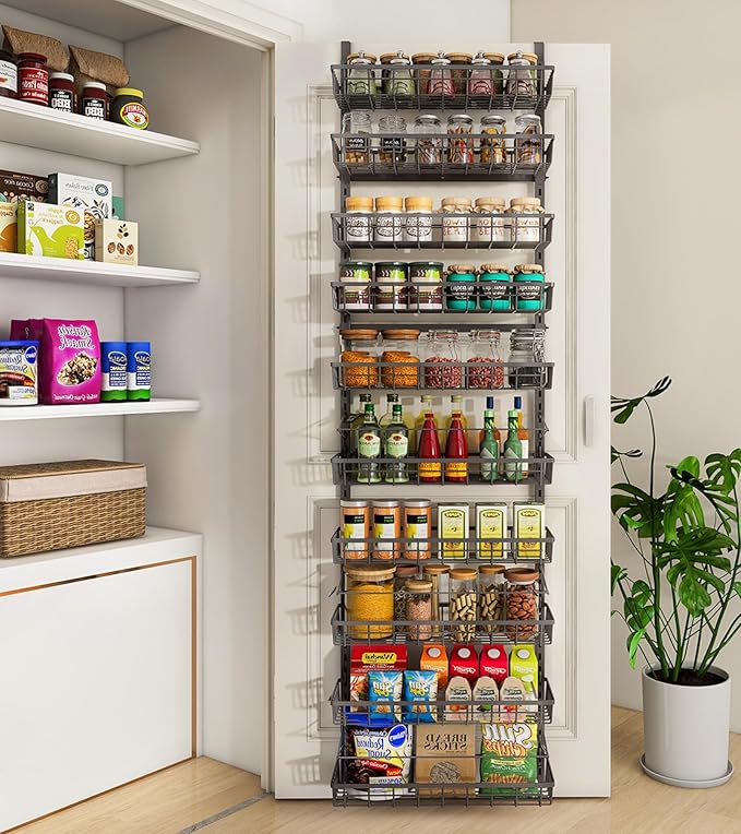 Mefirt 10-Tier Over The Door Pantry Organizer, 2 in 1 Wall Mount & Hanging | Pantry Organization and Storage, Black Metal Adjustable Basket, Wall Spice Rack Seasoning Shelves, Home & Kitchen Essentials by Mefirt