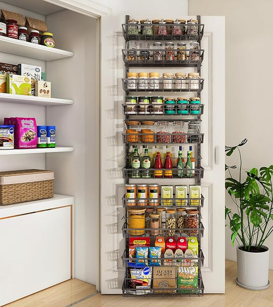 Mefirt 10-Tier Over The Door Pantry Organizer, 2 in 1 Wall Mount & Hanging | Pantry Organization and Storage, Black Metal Adjustable Basket, Wall Spice Rack Seasoning Shelves, Home & Kitchen Essentials by Mefirt