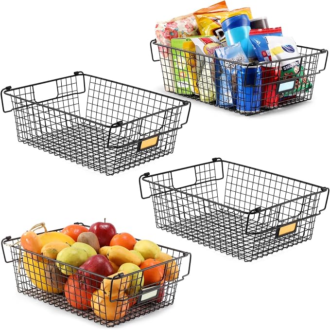 4 Pack [ XXXL Large ] STACKABLE Wire Baskets for Organizing - Pantry Storage and Organization Metal Bins for Produce, Food, Fruit - Kitchen Bathroom Closet Cabinet, Countertop, Under Sink Organizer by AOZITA