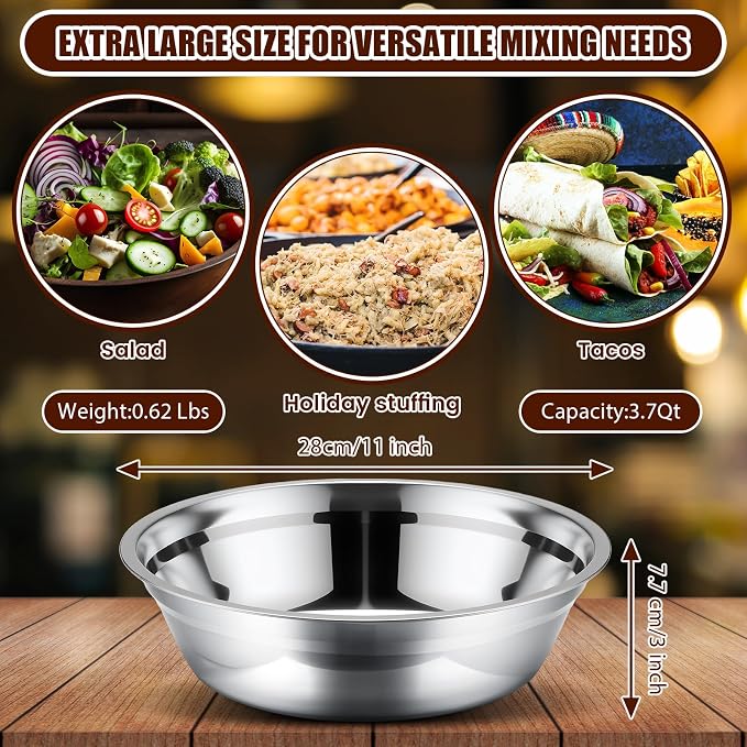 Nuogo 4 Pcs Stainless Steel Mixing Bowls Metal Mixing Bowls Extra Large Basin Salad Basin Deeper Edge Dishwasher Safe Mirror Finish for Home and Commercial, Silver (11 Inch 3.4 Qt) - Image 2