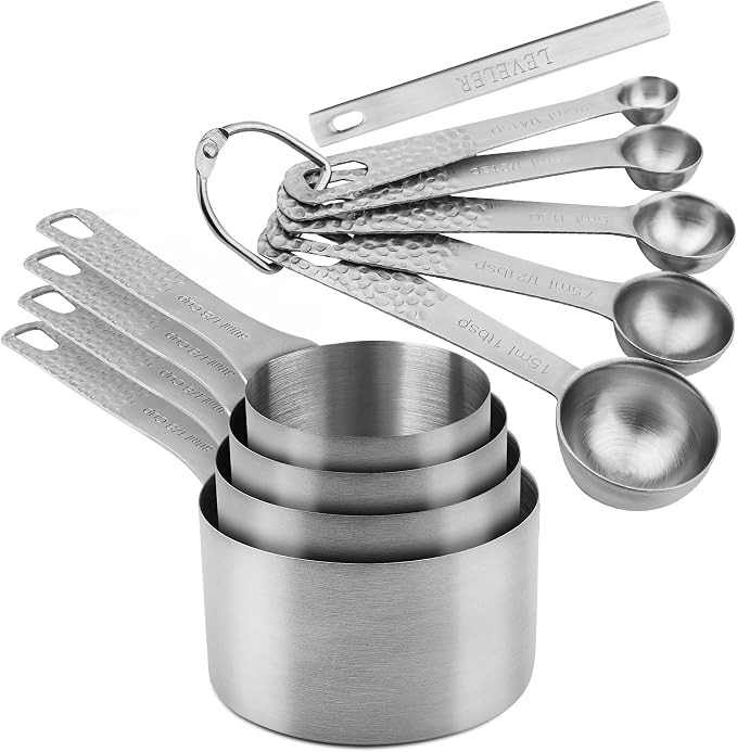 Measuring Cups and Spoons Set, 18/8 Stainless Steel Measuring Cups and Spoons for Baking & Cooking, Metric & US 4 Kitchen Measure Cup and 5 Measure Spoon with Leveler for Liquid & Drying by SUNMVEHOT