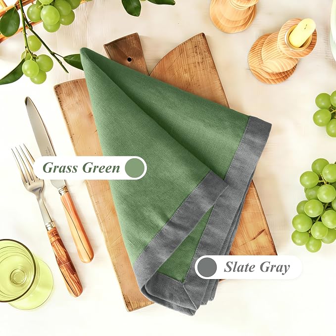 Linen World 100% French Linen Napkins Set of 4,20 x 20 Inch Double Layer Cloth Napkins,Washable Heavyweight for Holiday Dining Kitchen Decor,Grass Green with Slate Gray Contrast Border - Image 2