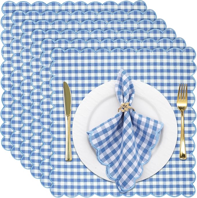SmoothNovelty 12 Pack Buffalo Plaid Cloth Napkins 18x18 Inch Checkered Cloth Napkins Scalloped Soft Cotton Table Mat Washable Reusable for Dinner Wedding Holiday Birthday Parties (Classic,Sky Blue) by SmoothNovelty