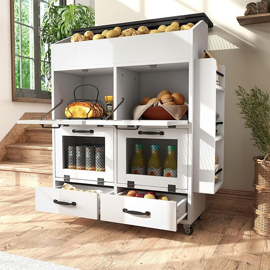 Verano Garden 31.5" Large Potato and Onion Storage Bin on Wheels, Bread Box | Fruit and Vegetable Organizer, Rolling, Side Rack, Flip-top, Mesh Doors, 4-Tier, Grocery Section, Ventilated, Wood, Kitchen by VeranoGarden