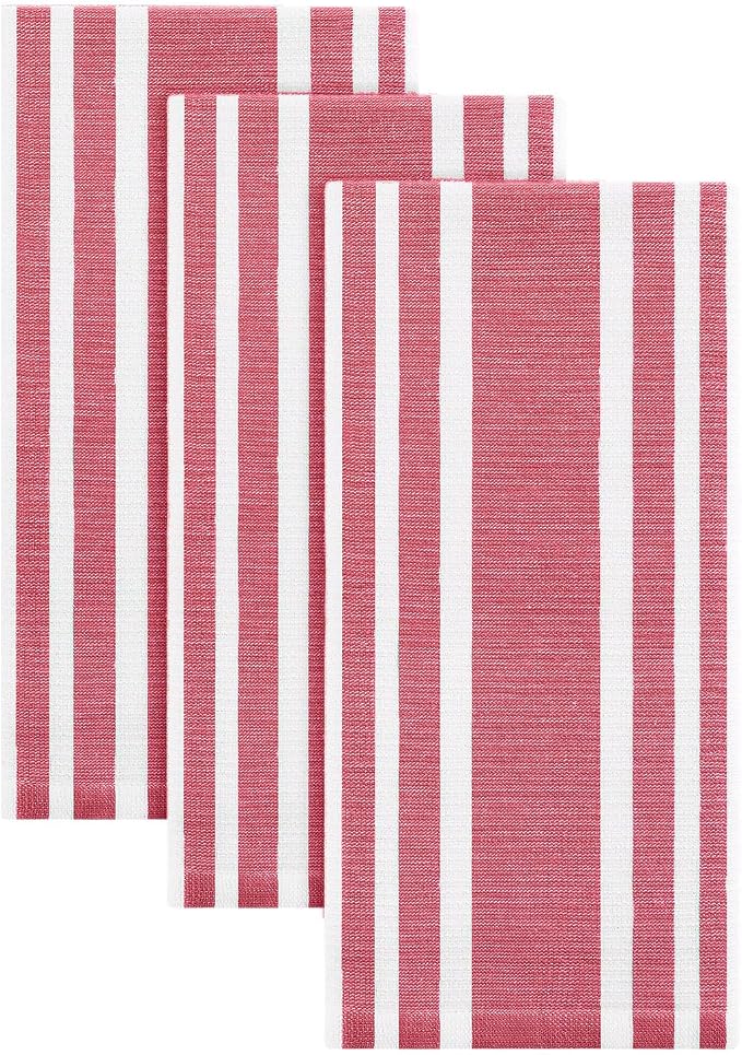 Homaxy Premium Cotton Stripe Kitchen Towels 3 Pack, 18"x 28", Red | Large 380 GSM Kitchen Hand Towels, Soft Terry Dish Towels, Highly Absorbent Tea Towel Set with Hanging Loop by Homaxy