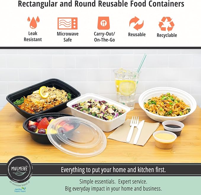 MULMEHË Plastic Meal Prep Take-Out Container and Lid Combo, 24 oz, Microwaveable, Round, Black, 7x1.5”, Set of 150 - Image 5