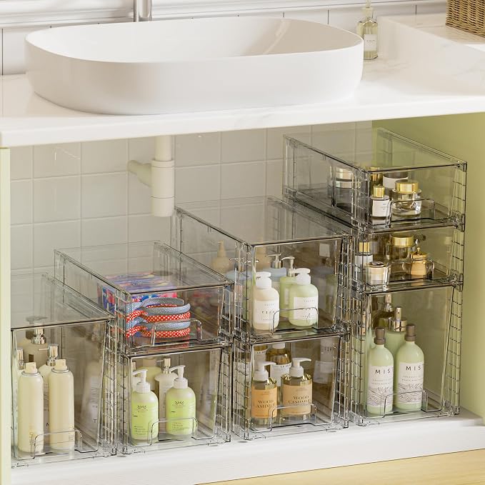 Vtopmart 3 Pack Clear Stackable Storage Drawers,Easy to Assemble Bathroom Organizers and Storage with handles,Plastic Drawers for Kitchen Pantry,Cabinet,Under Sink Organization | Tall, Medium and Small Pull-Out PET Drawers with Stackable Design for Bat... - Image 9