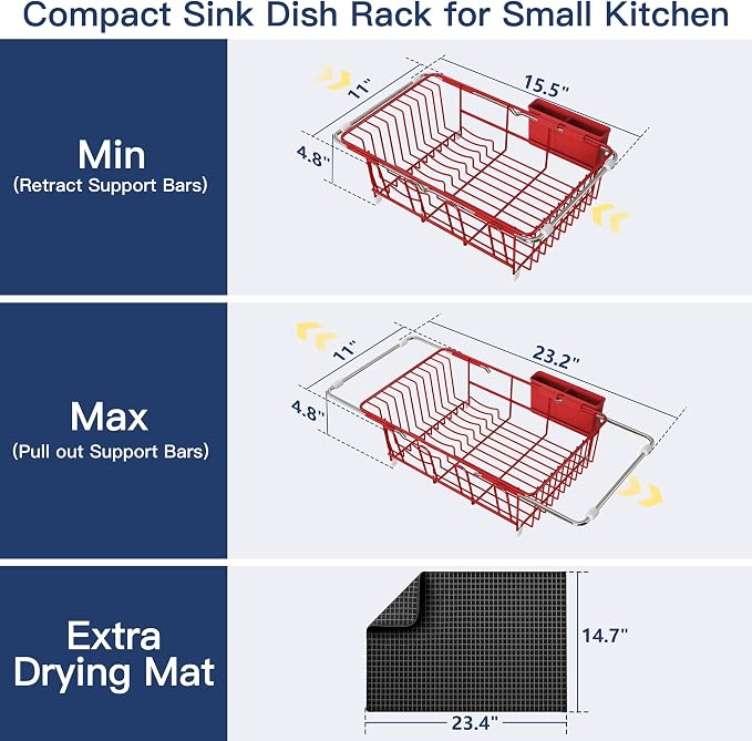 JASIWAY Red Dish Drying Rack in Sink with Mat, Cups and Utensil Holder | Use Over the Sink or Counter, Stainless Steel Expandable Dish Drainer for Small Kitchen, Space Saving, Fast Drain, Rustproof - Image 6