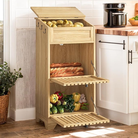 Potato Storage Bins, Fruit and Vegetable Storage, Kitchen Pantry Cabinet | Potato and Onion Storage Bins, Mid Century Modern, Wooden, for Homemade Bread, Snack, Magnetic Flip top, 3 Tier, Natural by BuyNow
