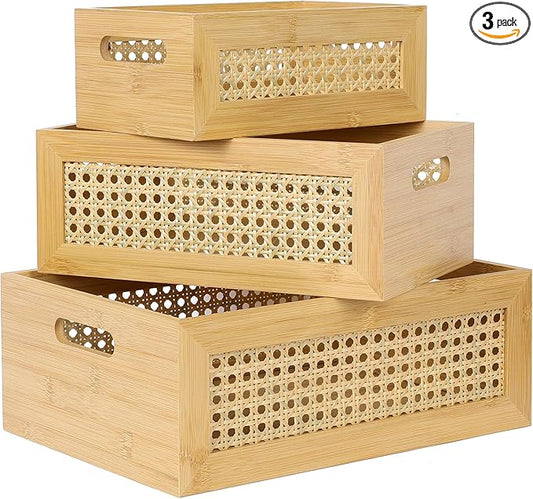 ANMINY Bamboo Rattan Storage Baskets, 3PCS Nesting, with Handles | Natural Bamboo Wood Baskets, Decorative Storage with Built-in Handles, Nestable for Pantry Kitchen Shelf Desktop by ANMINY