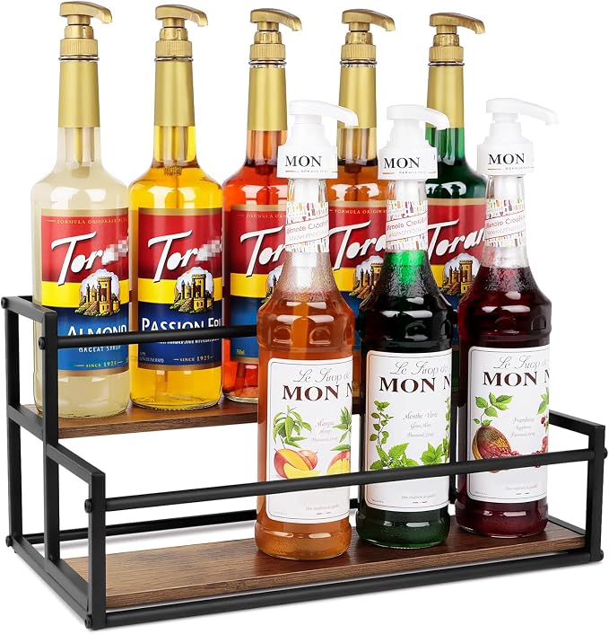 Coffee Syrup Organizer, 2-Tier Holds 10 Bottles Rack | Warm Rustic Thick Wood & Steel Frame, Easy to Clean & Assemble, Sturdy for Coffee Bars, Dirty Soda Bars & Countertops by Happilif