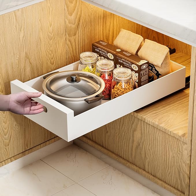 HBL' 1 Pack | 21" Deep Pull Out Cabinet Organizer Adhesive, 10-Inch Wide Sturdy Carbon Steel Roll-Out Drawers, Designed for Frameless Cabinets, Slide-Out Shelves for Pantry. by HBL