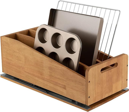 DINDON Pull Out Cabinet Organizer for Pans, Cookie Sheet, Bakeware, Cutting Board, Slide Out Kitchen Cabinet Storage Organizer Rack, 10.5''W X 21"D X 7.5"H, Wood by DINDON