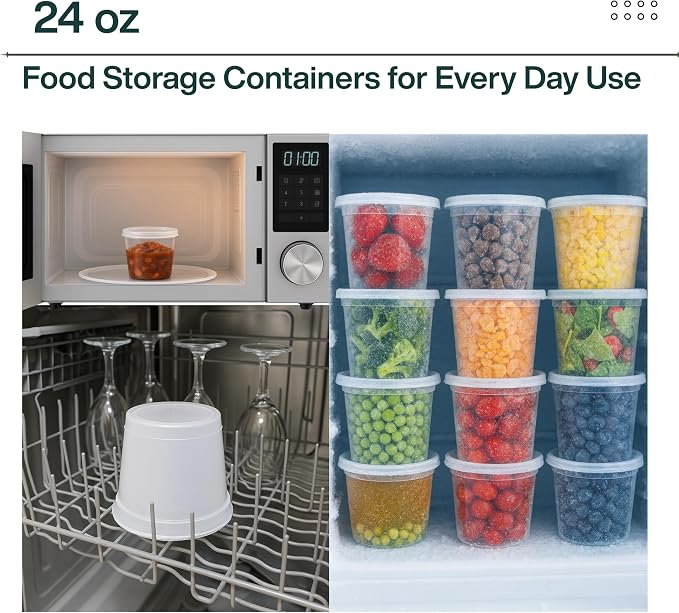 24oz [240 set] Heavy Duty Plastic Deli Container | BPA-Free Food Storage with Airtight Leak‑Proof Lids | Microwave, Freezer & Dishwasher Safe – Stackable, Bulk Reusable Soup & Meal Prep Tub - Image 3
