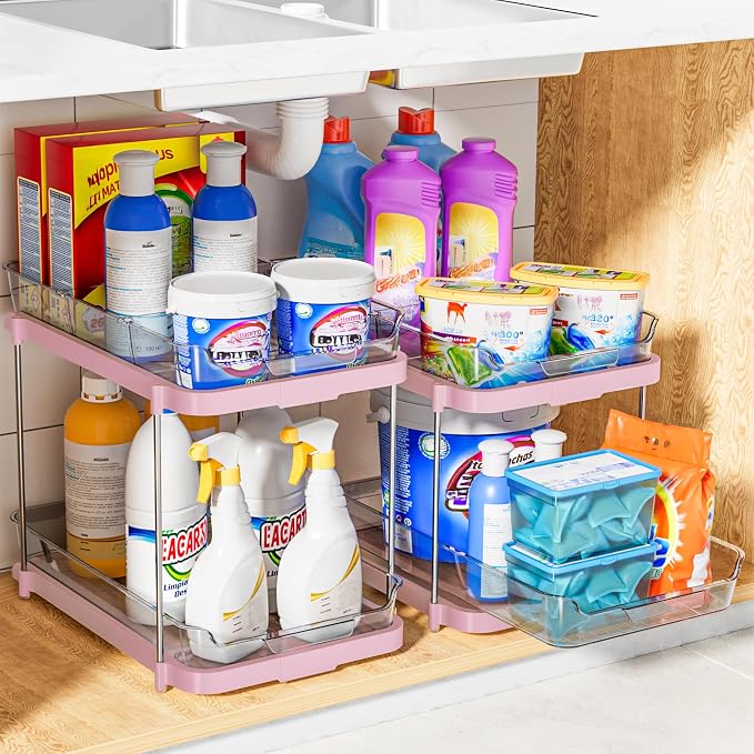 Delamu 2-Tier Multi-Purpose Bathroom Under Sink Organizers and Storage, Stackable Kitchen Pantry Organization, Pull Out Medicine Cabinet Organizer with Movable Dividers, Pink, 2 Pack - Image 7