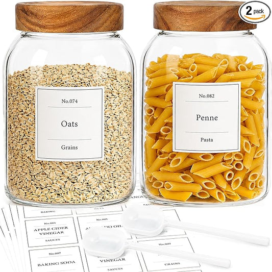 CONNOO 2Pcs-66oz Glass Storage Containers with Lids | Acacia Wood Lids, Keep Pantry Organized with Flour, Sugar, Coffee Beans, Pasta, Cereal & Dry Foods, Includes 120 Labels by CONNOO