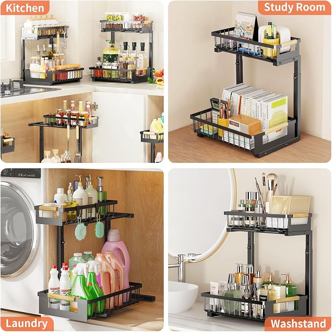 Under Sink Organizer, 2-Tier Slide Out Under Cabinet Storage for Kitchen/Bathroom, Adjustable Double Layer Under Sink Drawers, Space Saving Inder Sink Organizer for Cleaning Supplies(Black,2 Packs) - Image 6