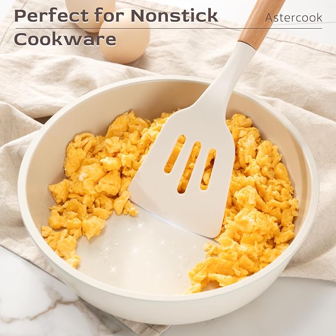 Astercook Kitchen Utensils set, 39 PCS Silicone Cooking Utensils Set with Wooden Handle, 446°F Heat Resistant Food Grade Utensil Sets, BPA Free Kitchen Gadgets Tools Set for Nonstick Cookware (Cream) - Image 4
