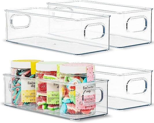 Plastic Food Storage 4 Pack Clear Container Bin with Handles for Organizing Kitchen, Pantry, Fridge, Freezer, Pantry,Bathroom. 10"x4"3" by primebox