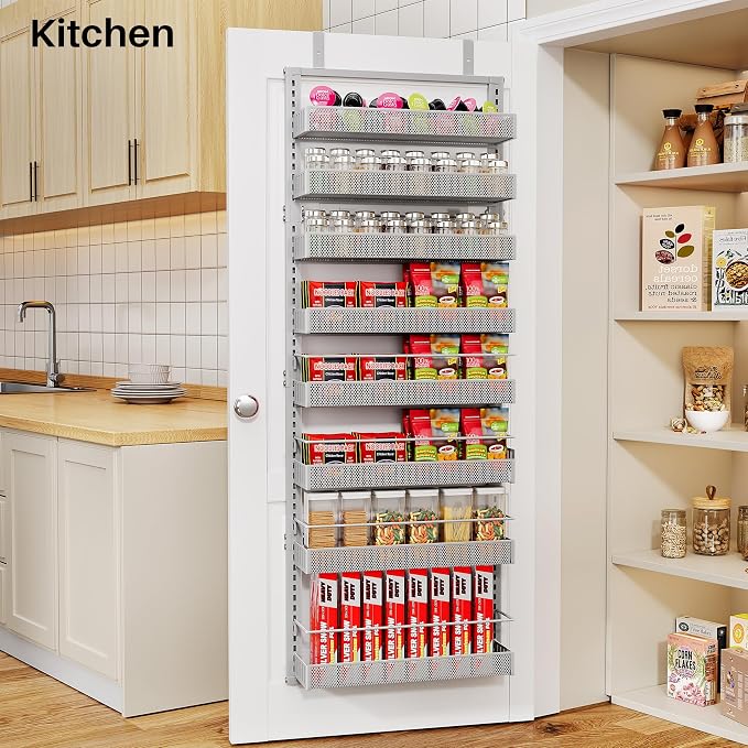 SNTD 8 Tiers Over the Door Organizer, 17" W x 6" D x 69" H, Grey | Pantry Door Organizers and Storage, Height Adjustable Spice Rack, Dense Mesh Baskets, Anti-Swing, Adjustable Door Fastener - Image 8