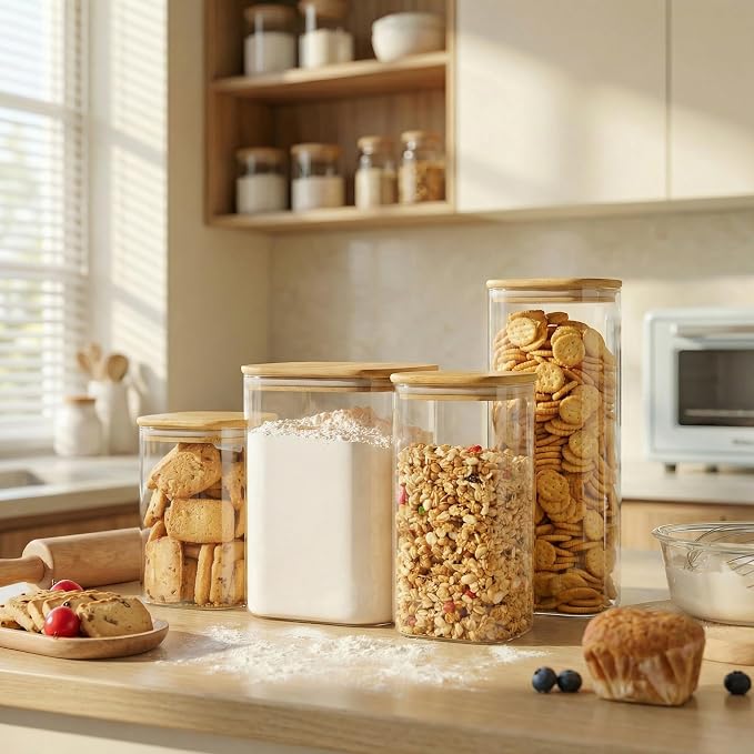 HomArtist Square Glass Jars with Bamboo Lids 30 FL OZ [Set of 6], Glass Canisters with Airtight Lid, Glass Food Storage Container for Pasta, Flour, Sugar, Rice, Best for Kitchen & Pantry - Image 6