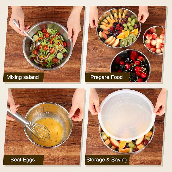 Geetery 7 Pcs Stainless Steel Kitchen Accessories Set 3 Nesting Mixing Bowls with Lid(1.5/3/5qt), 1 Colander with Handle(5qt), 3 Fine Mesh Strainers(8/14/20cm) for Cooking, Baking, Prepping, Draining - Image 6