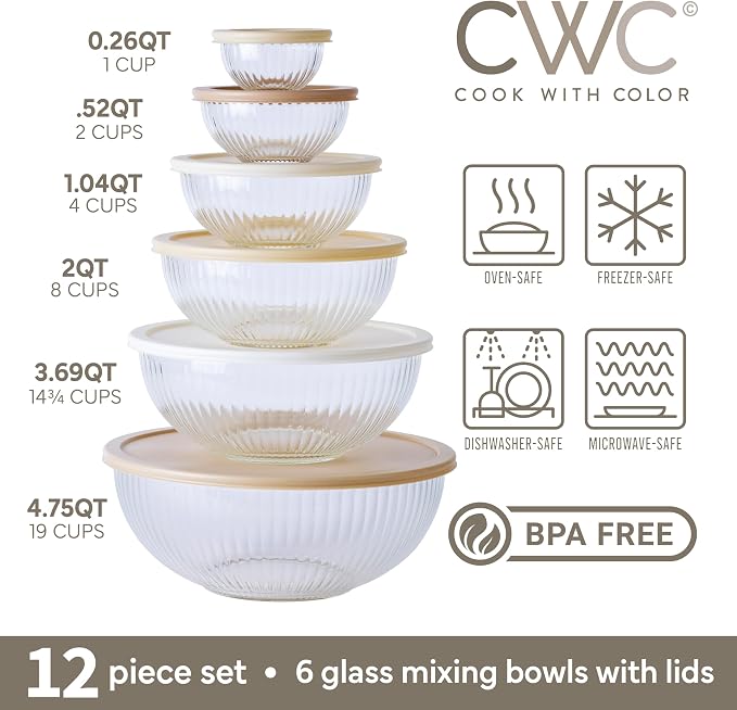 COOK WITH COLOR 12 Pc Glass Mixing Bowl Set with Lids – Borosilicate Glass Nesting Bowls for Cooking, Baking and Meal Prep, Fluted Brown - Image 3