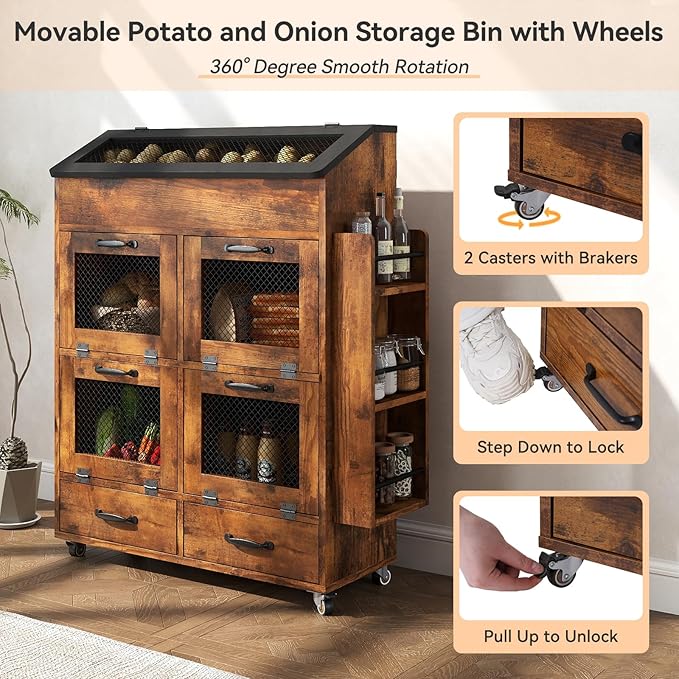 Verano Garden 31.5" Large Potato and Onion Storage Bin on Wheels, Bread Box | Fruit and Vegetable Organizer, Rolling, Side Rack, Flip-top, Mesh Doors, 4-Tier, Grocery Section, Ventilated, Wood, Kitchen - Image 5
