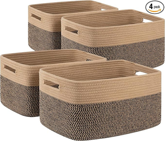 4 Pack Storage Baskets for Organizing, Woven Baskets for Shelves - Perfect for Toys, Books, Towels, and Clothes, Durable Gift Basket Bins Toy Storage, 15.7''Lx11.8''Wx7.8''H, Black and Brown by SIXDOVE