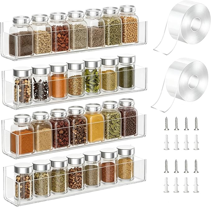 PMMASTO Adhesive Acrylic Spice Rack Organizer for Wall with 2 Nano Double Sided Tape, Spice Shelf Organization for Kitchen Cabinet Door/Pantry Door, Wall Mount Seasoning Rack (Clear-4 Pack) by PMMASTO
