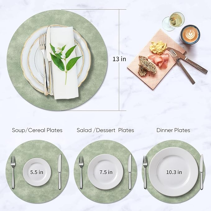 ADRIMER Placemats, Heat Resistant Round Placemats Set of 4 Washable, Waterproof Table Mats, Wipeable Faux Leather Place Mats for Kitchen, Dining Room, Green - Image 3
