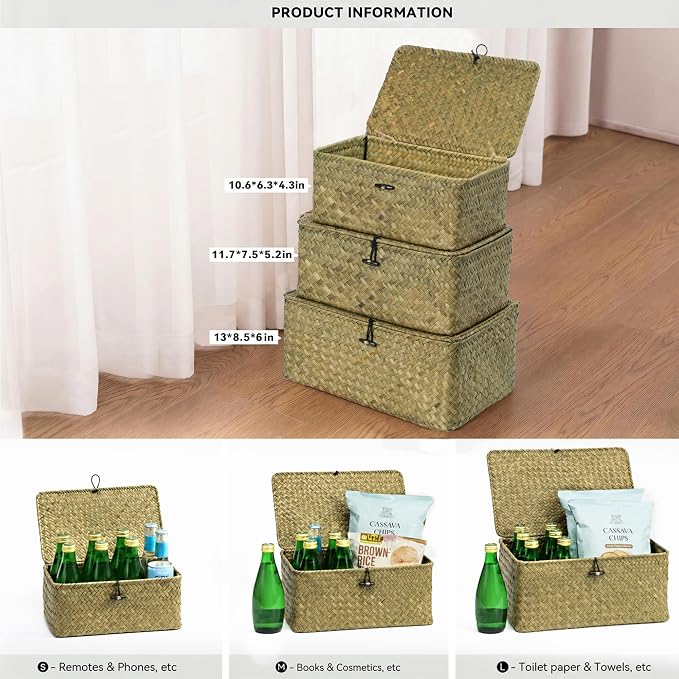 Nonam Storage Basket with Lid, Natural Seagrass Bin with Lid Set of 3, Shelf Baskets Multipurpose Container for Boho Decoration, Rectangular Storage Boxes for Home Organization- Dark Moss Green - Image 2