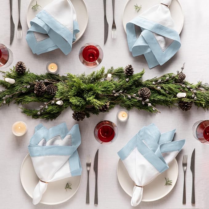 Linen Napkins 20 x 20 inch - 100% Flax Linen White and Light Blue Dinner Napkins Cloth Set of 4 - Classic Hemstitch Dinner Napkin for Spring and Easter Decor - Image 5