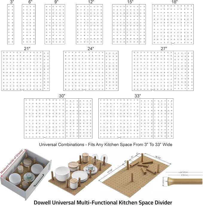 Dowell 4-Piece Wood Pegboard Drawer Divider Organizer Set with 9 Wooden Pegs – Adjustable to Fit Drawers of Various Sizes, Customizable Storage for Pots, Pans, and Plates-4007 3319 9P (33"X18-1/2") - Image 3