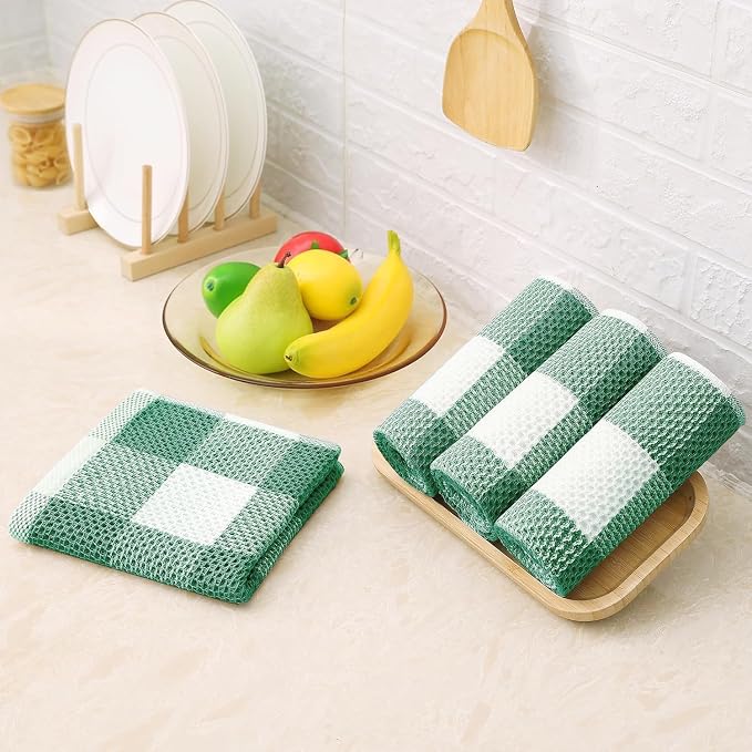 Homaxy Kitchen Towels and Dishcloths Set, Set of 8, White & Dark Green | Bulk Cotton Waffle Weave Check Plaid Kitchen Towels, Super Soft and Absorbent Dish Cloths, 12 x 12 and 13 x 28 Inches - Image 4